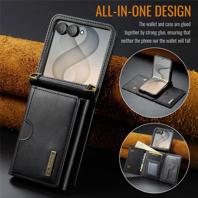 DG.MING M6 Series For Samsung Galaxy Z Flip8 Foldable Case PU + PC Phone Cover with Wallet   /   Shoulder Strap - Black