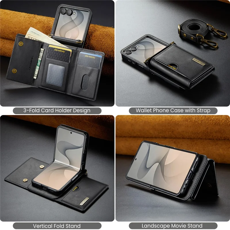 DG.MING M6 Series For Samsung Galaxy Z Flip8 Foldable Case PU + PC Phone Cover with Wallet   /   Shoulder Strap - Black
