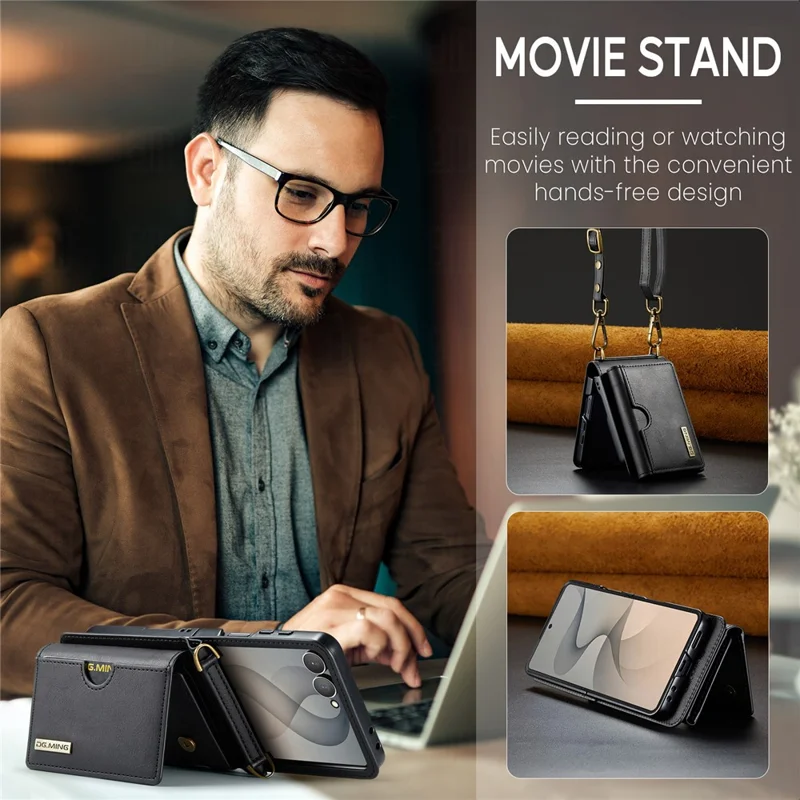 DG.MING M6 Series For Samsung Galaxy Z Flip8 Foldable Case PU + PC Phone Cover with Wallet   /   Shoulder Strap - Black