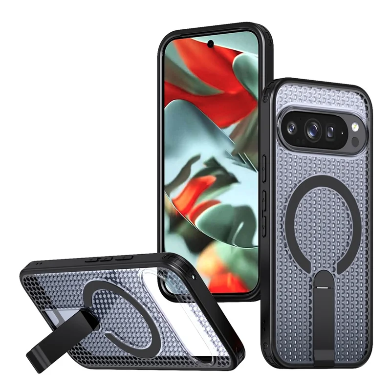 For Google Pixel 11 Pro XL Magnetic Case Kickstand Grid Texture TPU PC Phone Back Cover - Black