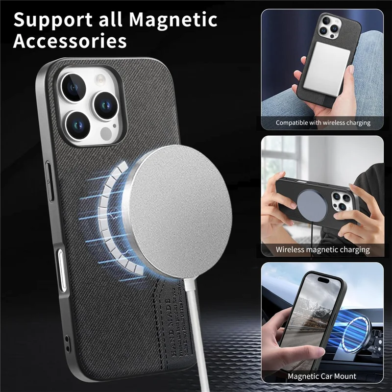 For iPhone 16 Pro Max Magnetic Case Cloth Texture PU Leather + PC + TPU Phone Cover - Black