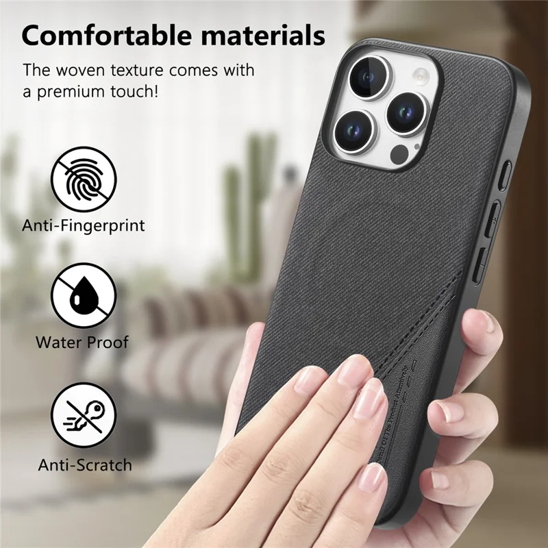 For iPhone 16 Pro Max Magnetic Case Cloth Texture PU Leather + PC + TPU Phone Cover - Black