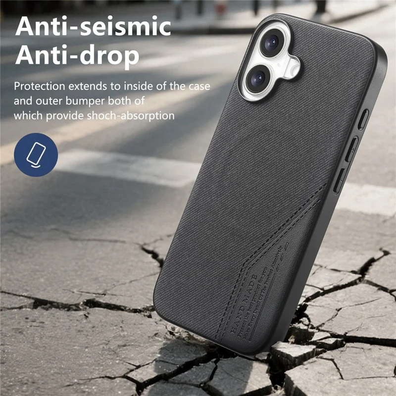 For iPhone 17 Magnetic Case Cloth Texture PU Leather + PC + TPU Phone Cover - Black