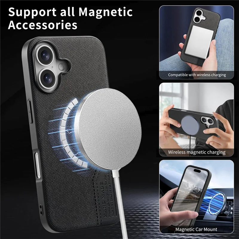 For iPhone 17 Magnetic Case Cloth Texture PU Leather + PC + TPU Phone Cover - Black
