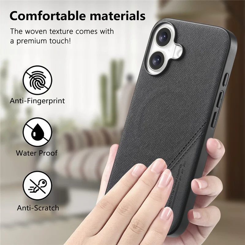 For iPhone 17 Magnetic Case Cloth Texture PU Leather + PC + TPU Phone Cover - Black