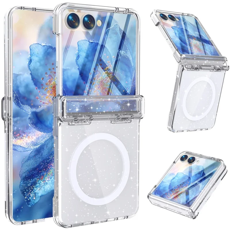 For Samsung Galaxy Z Flip8 Magnetic Case Hinge Protection Clear PC + TPU Phone Cover Built-in Screen Protector - Transparent Glitter