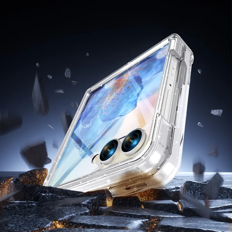 For Samsung Galaxy Z Flip8 Magnetic Case Hinge Protection Clear PC + TPU Phone Cover Built-in Screen Protector - Transparent Glitter