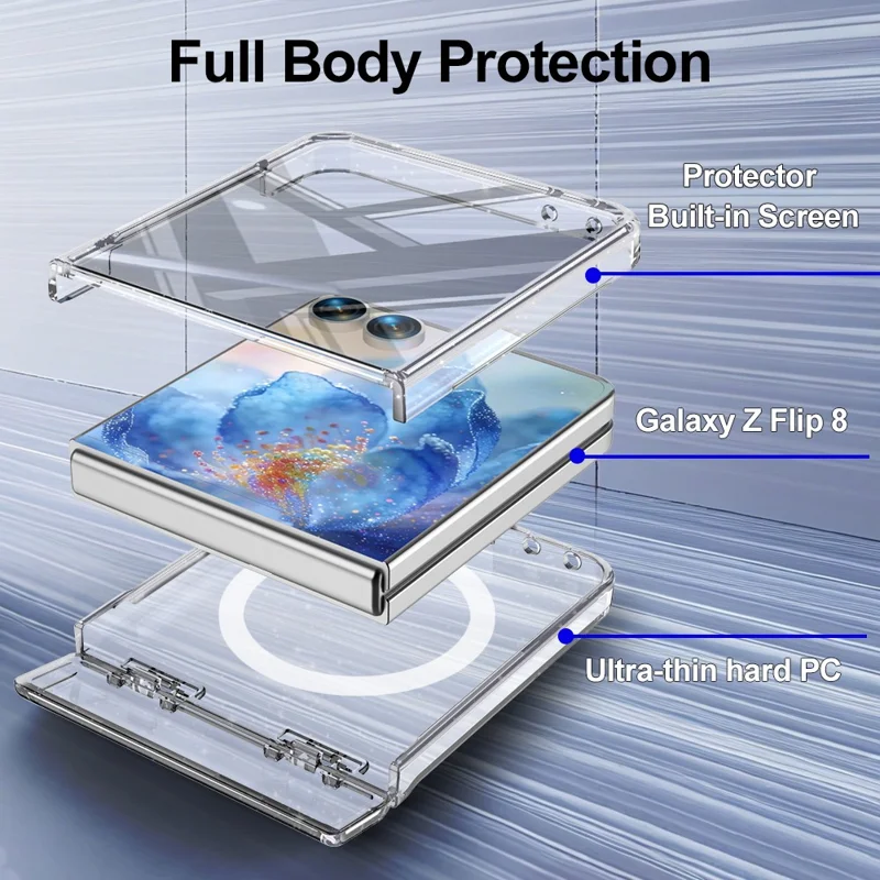For Samsung Galaxy Z Flip8 Magnetic Case Hinge Protection Clear PC + TPU Phone Cover Built-in Screen Protector - Transparent Glitter