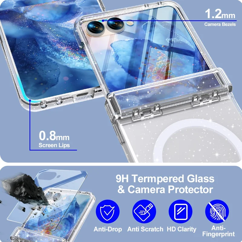 For Samsung Galaxy Z Flip8 Magnetic Case Hinge Protection Clear PC + TPU Phone Cover Built-in Screen Protector - Transparent Glitter