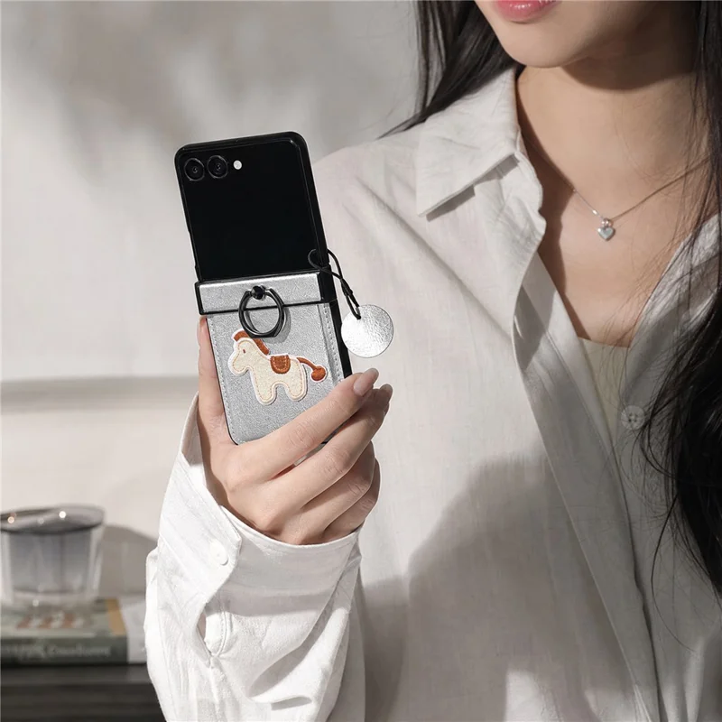 For Samsung Galaxy Z Flip8 Case Horse Embroidery Microfiber Leather Back Cover with Ring Holder Kickstand - Silver