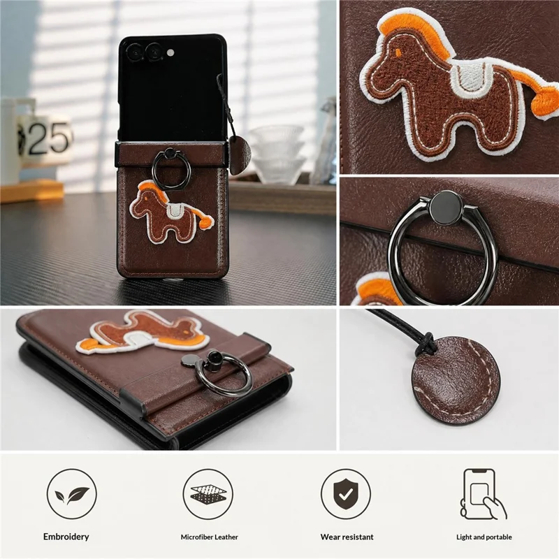 For Samsung Galaxy Z Flip8 Case Horse Embroidery Microfiber Leather Back Cover with Ring Holder Kickstand - Silver