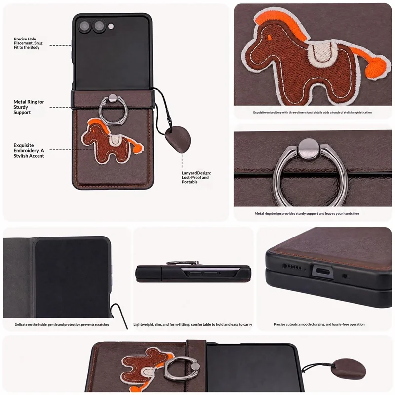 For Samsung Galaxy Z Flip8 Case Horse Embroidery Microfiber Leather Back Cover with Ring Holder Kickstand - Silver