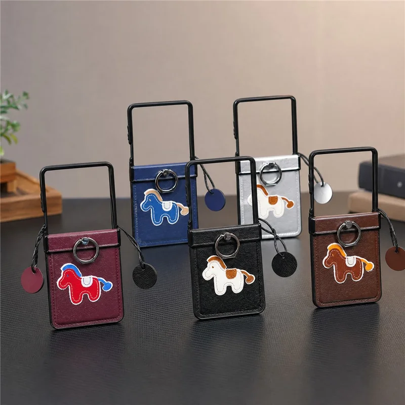 For Samsung Galaxy Z Flip8 Case Horse Embroidery Microfiber Leather Back Cover with Ring Holder Kickstand - Silver