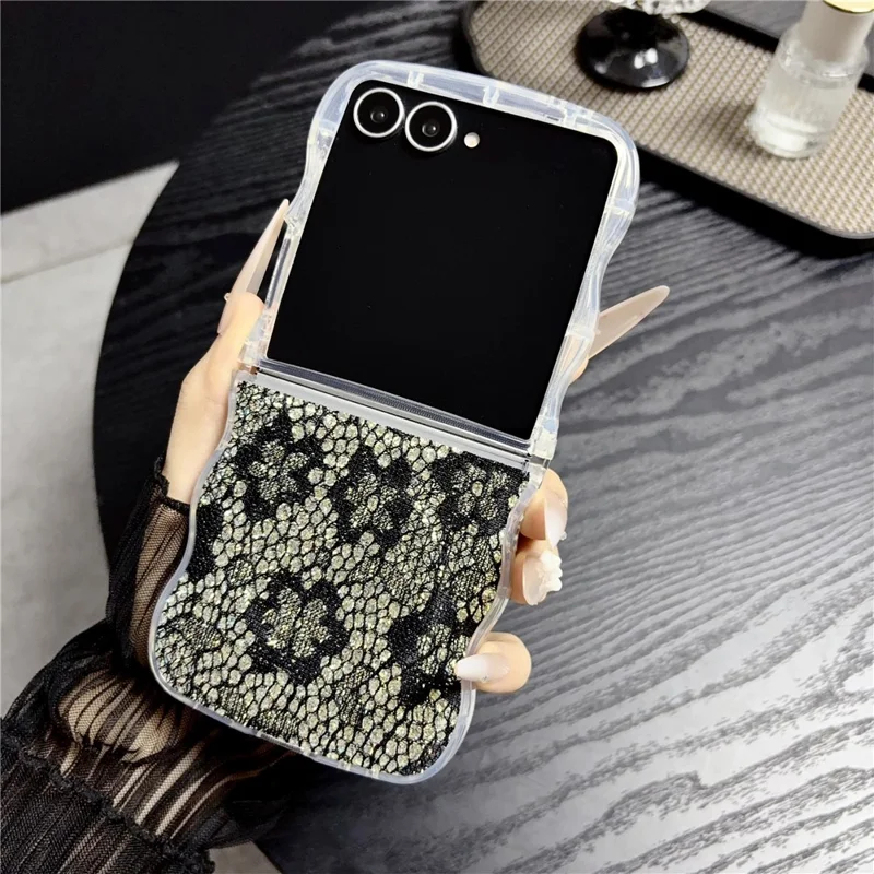 For Samsung Galaxy Z Flip7 5G Magnetic Case Wavy Edge Lace Pattern TPU Phone Cover - Black