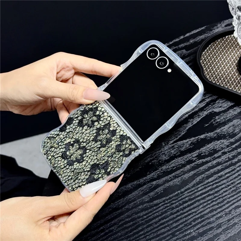 For Samsung Galaxy Z Flip7 5G Magnetic Case Wavy Edge Lace Pattern TPU Phone Cover - Black