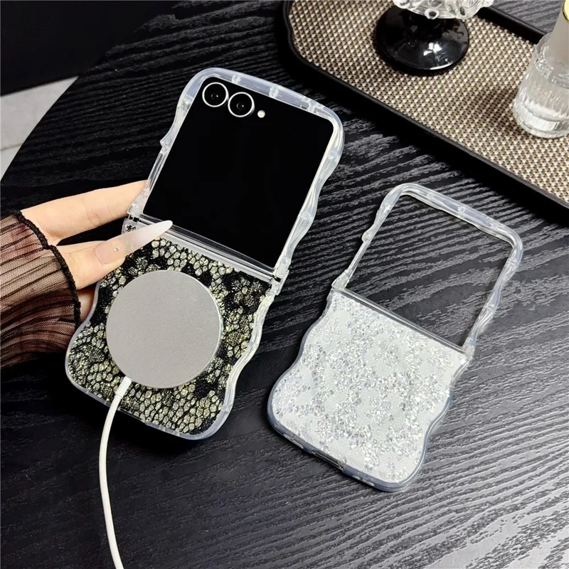For Samsung Galaxy Z Flip7 5G Magnetic Case Wavy Edge Lace Pattern TPU Phone Cover - Black