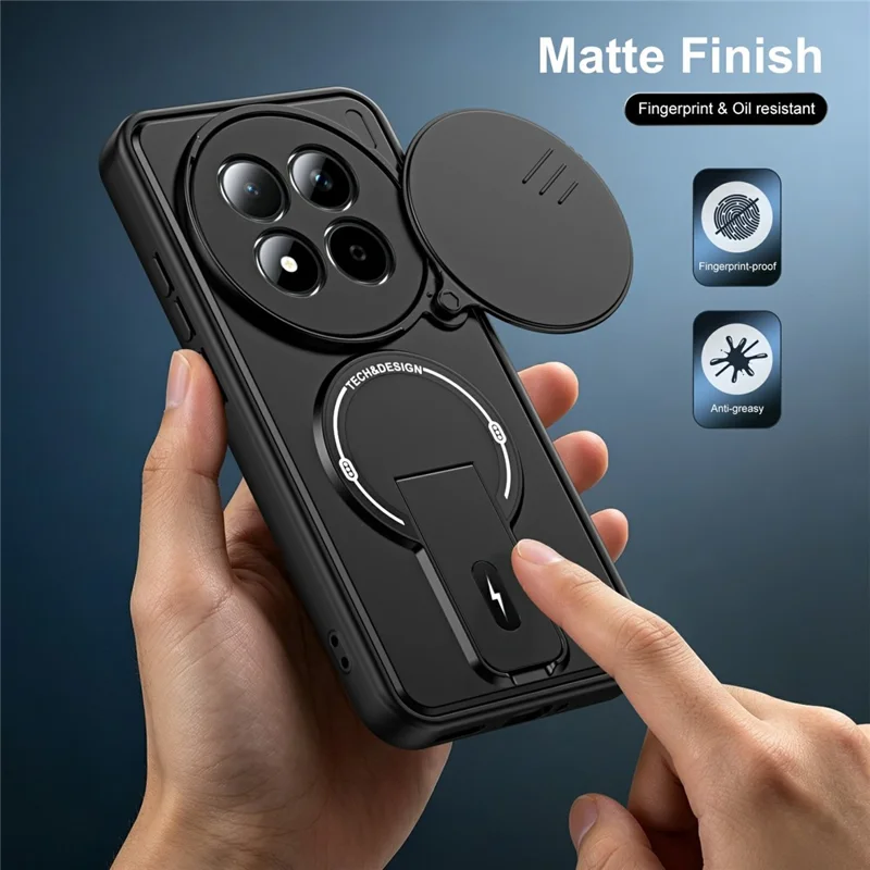 For Xiaomi Redmi Note 15 Pro 4G (Global) Case with Slide Camera Cover Kickstand Shockproof PC + TPU Matte Finish Phone Shell - Black