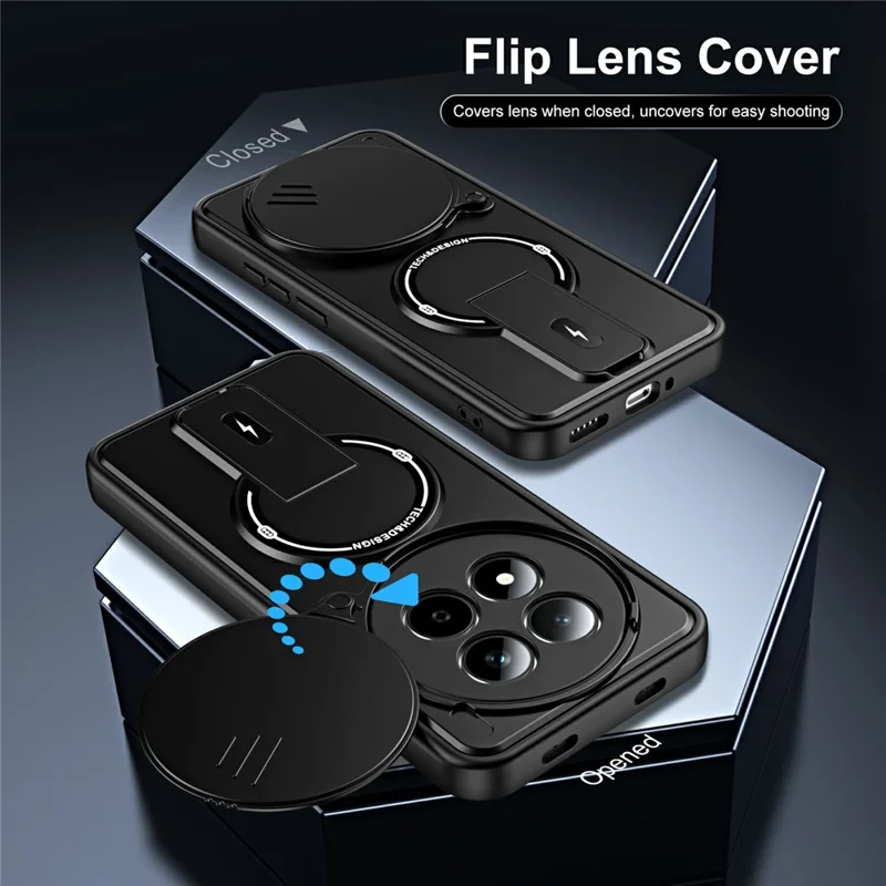 For Xiaomi Redmi Note 15 Pro 4G (Global) Case with Slide Camera Cover Kickstand Shockproof PC + TPU Matte Finish Phone Shell - Black