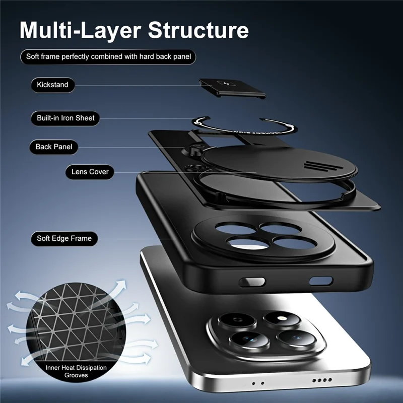 For Xiaomi Redmi Note 15 Pro 4G (Global) Case with Slide Camera Cover Kickstand Shockproof PC + TPU Matte Finish Phone Shell - Black