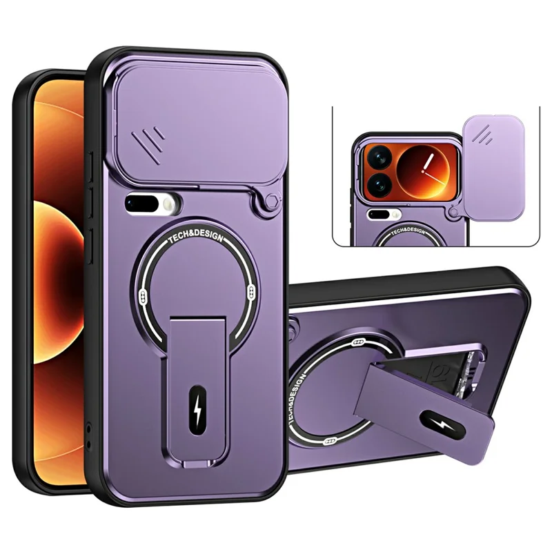 For Xiaomi 17 Pro Max Case with Slide Camera Cover Kickstand Shockproof PC + TPU Matte Finish Phone Shell - Purple