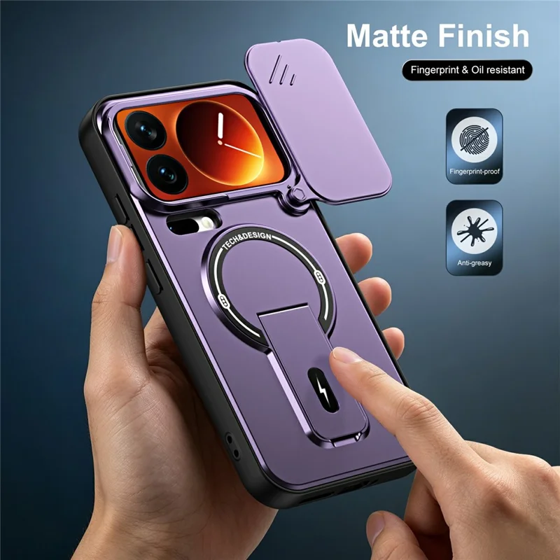 For Xiaomi 17 Pro Max Case with Slide Camera Cover Kickstand Shockproof PC + TPU Matte Finish Phone Shell - Purple