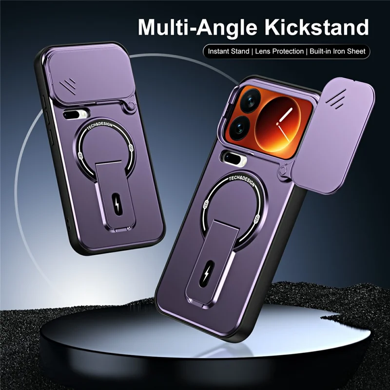 For Xiaomi 17 Pro Max Case with Slide Camera Cover Kickstand Shockproof PC + TPU Matte Finish Phone Shell - Purple