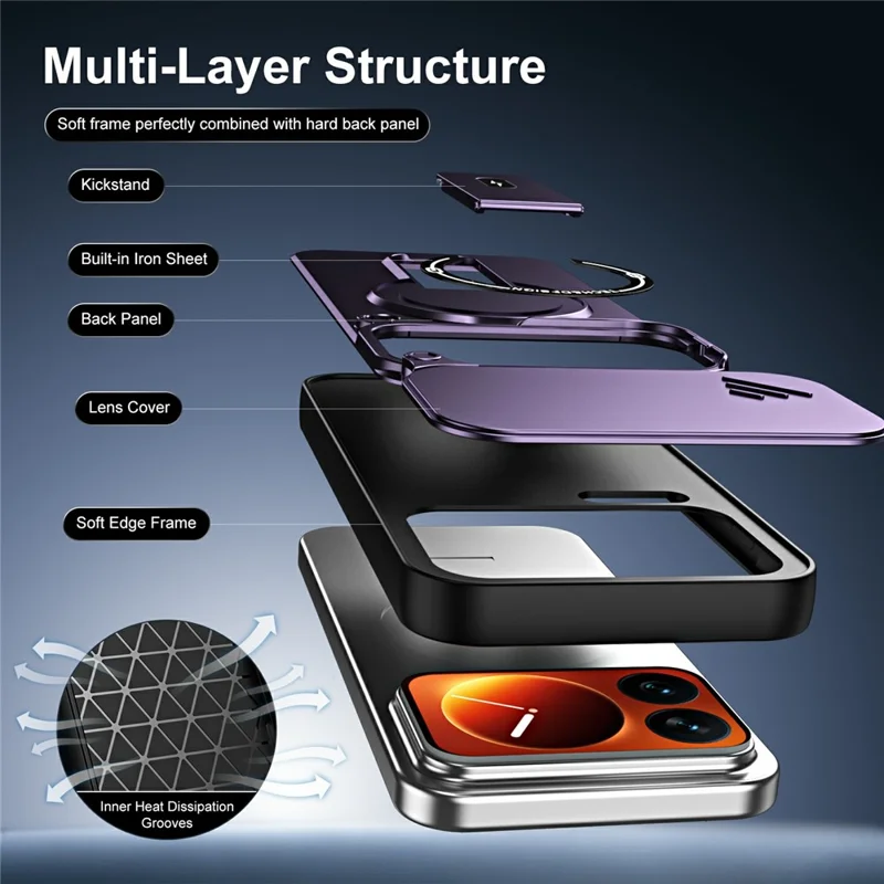 For Xiaomi 17 Pro Max Case with Slide Camera Cover Kickstand Shockproof PC + TPU Matte Finish Phone Shell - Purple