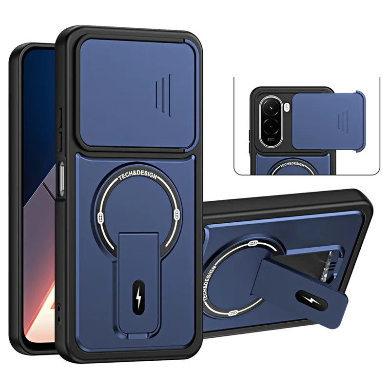 For Xiaomi Poco M7 Plus 5G / M7 4G (169mm) Case with Slide Camera Cover Kickstand Shockproof PC + TPU Matte Finish Phone Shell - Blue