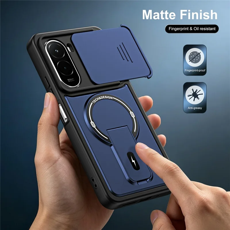 For Xiaomi Poco M7 Plus 5G / M7 4G (169mm) Case with Slide Camera Cover Kickstand Shockproof PC + TPU Matte Finish Phone Shell - Blue