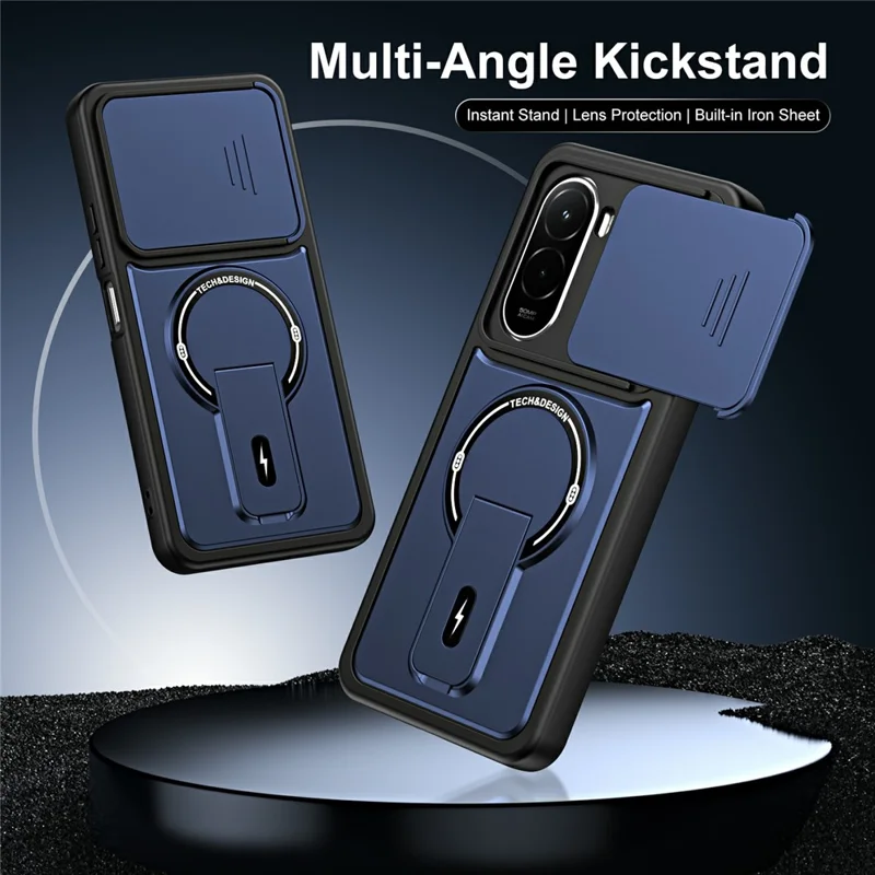 For Xiaomi Poco M7 Plus 5G / M7 4G (169mm) Case with Slide Camera Cover Kickstand Shockproof PC + TPU Matte Finish Phone Shell - Blue