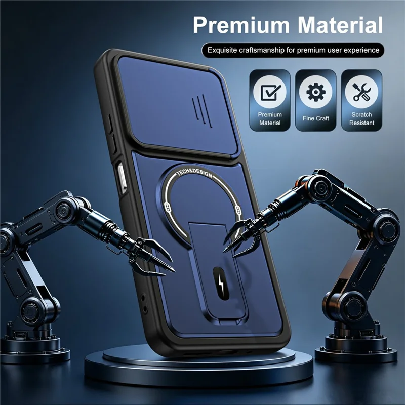 For Xiaomi Poco M7 Plus 5G / M7 4G (169mm) Case with Slide Camera Cover Kickstand Shockproof PC + TPU Matte Finish Phone Shell - Blue