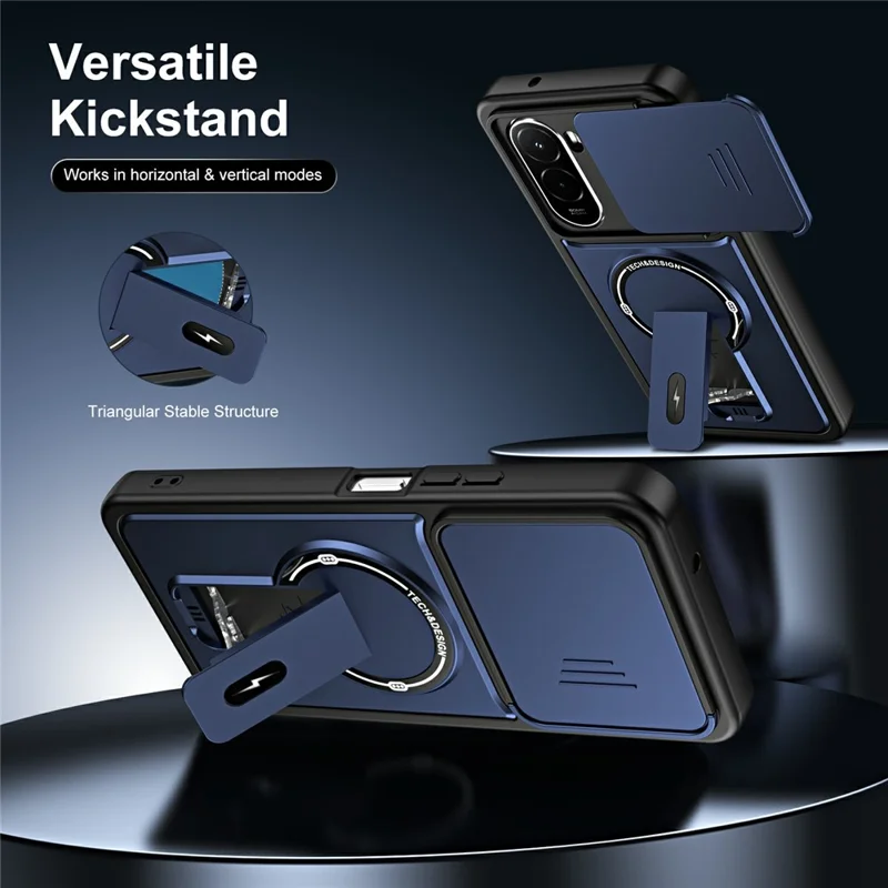For Xiaomi Poco M7 Plus 5G / M7 4G (169mm) Case with Slide Camera Cover Kickstand Shockproof PC + TPU Matte Finish Phone Shell - Blue