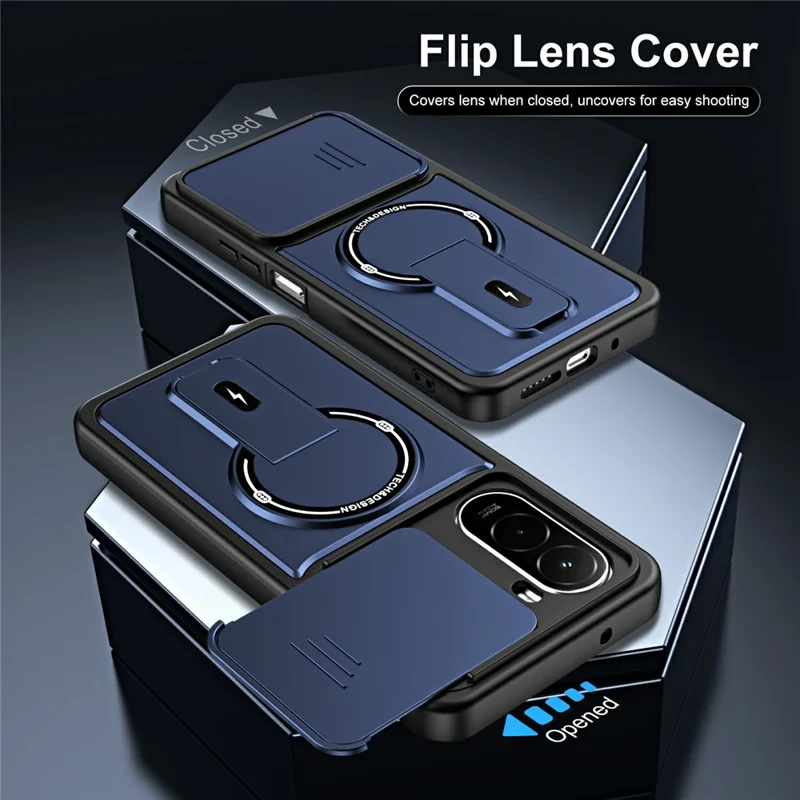 For Xiaomi Poco M7 Plus 5G / M7 4G (169mm) Case with Slide Camera Cover Kickstand Shockproof PC + TPU Matte Finish Phone Shell - Blue