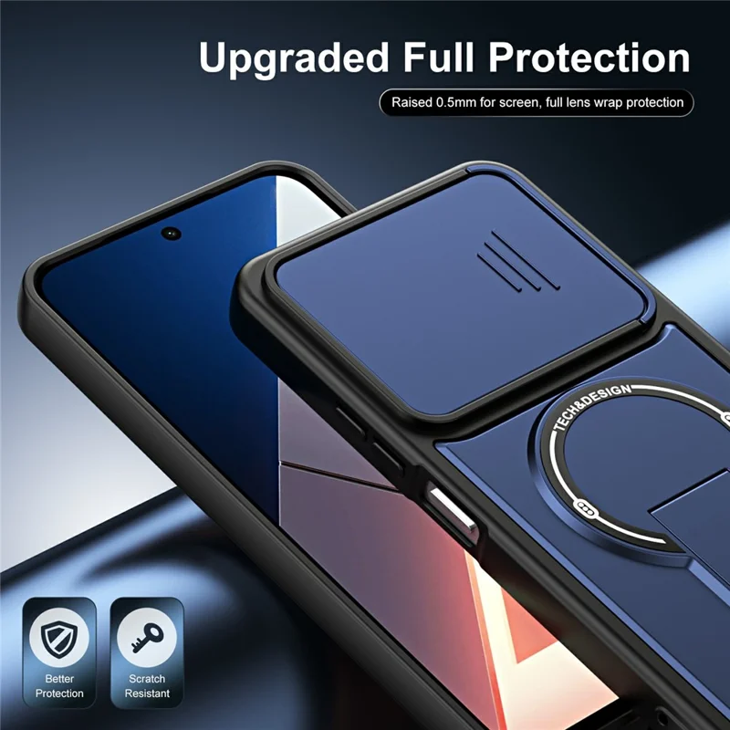 For Xiaomi Poco M7 Plus 5G / M7 4G (169mm) Case with Slide Camera Cover Kickstand Shockproof PC + TPU Matte Finish Phone Shell - Blue