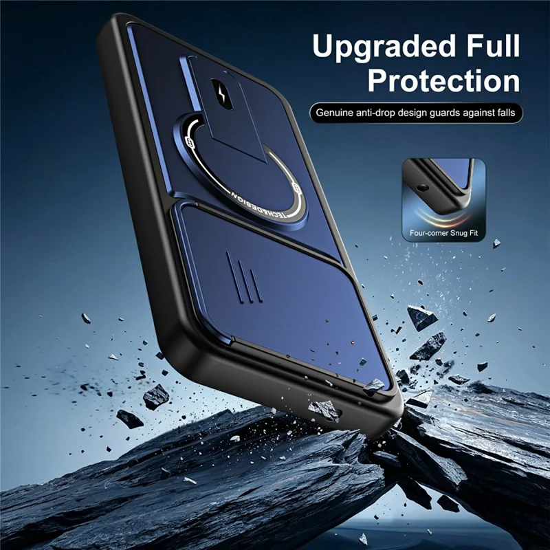 For Xiaomi Poco M7 Plus 5G / M7 4G (169mm) Case with Slide Camera Cover Kickstand Shockproof PC + TPU Matte Finish Phone Shell - Blue