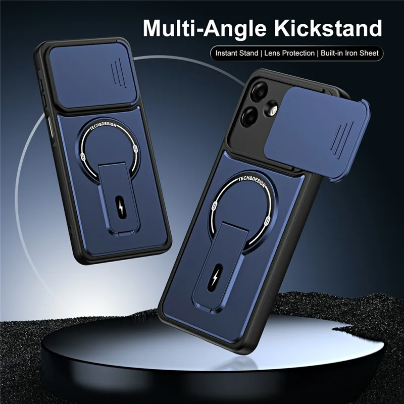 For Samsung Galaxy A08 4G / A07 4G / A07s 4G Case with Slide Camera Cover Kickstand Shockproof PC + TPU Matte Finish Phone Shell - Blue