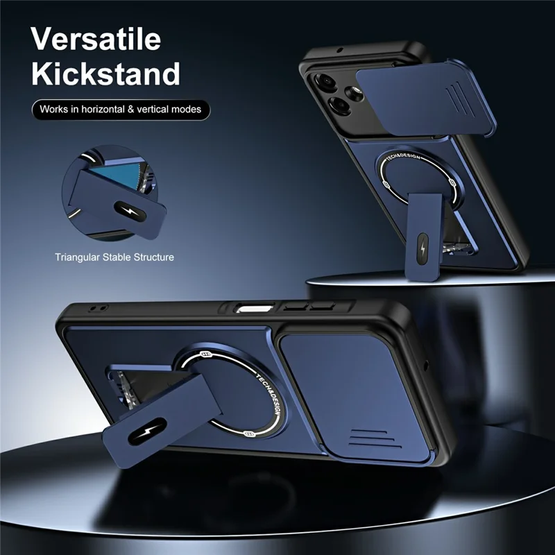 For Samsung Galaxy A08 4G / A07 4G / A07s 4G Case with Slide Camera Cover Kickstand Shockproof PC + TPU Matte Finish Phone Shell - Blue