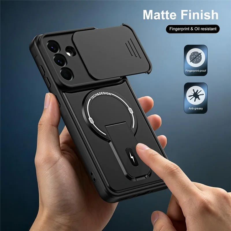 For Samsung Galaxy A27 5G Case with Slide Camera Cover Kickstand Shockproof PC + TPU Matte Finish Phone Shell - Black