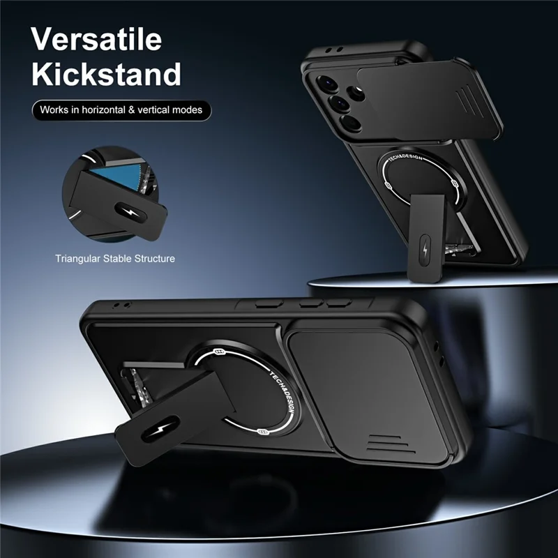 For Samsung Galaxy A27 5G Case with Slide Camera Cover Kickstand Shockproof PC + TPU Matte Finish Phone Shell - Black