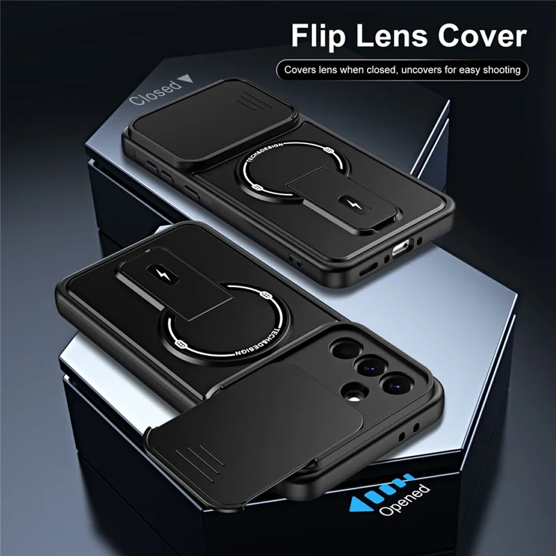For Samsung Galaxy A27 5G Case with Slide Camera Cover Kickstand Shockproof PC + TPU Matte Finish Phone Shell - Black