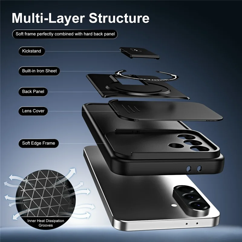 For Samsung Galaxy A27 5G Case with Slide Camera Cover Kickstand Shockproof PC + TPU Matte Finish Phone Shell - Black