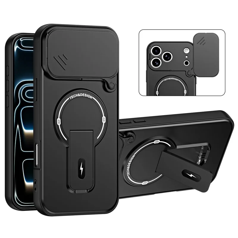 For iPhone 18 Pro Max  /  17 Pro Max Case with Slide Camera Cover Kickstand Shockproof PC + TPU Matte Finish Phone Shell - Black