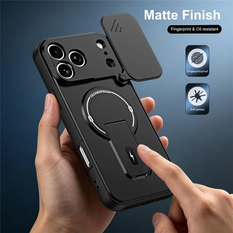 For iPhone 18 Pro Max  /  17 Pro Max Case with Slide Camera Cover Kickstand Shockproof PC + TPU Matte Finish Phone Shell - Black