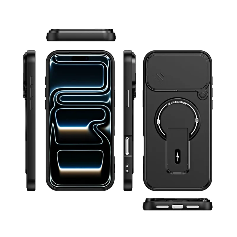 For iPhone 18 Pro Max  /  17 Pro Max Case with Slide Camera Cover Kickstand Shockproof PC + TPU Matte Finish Phone Shell - Black
