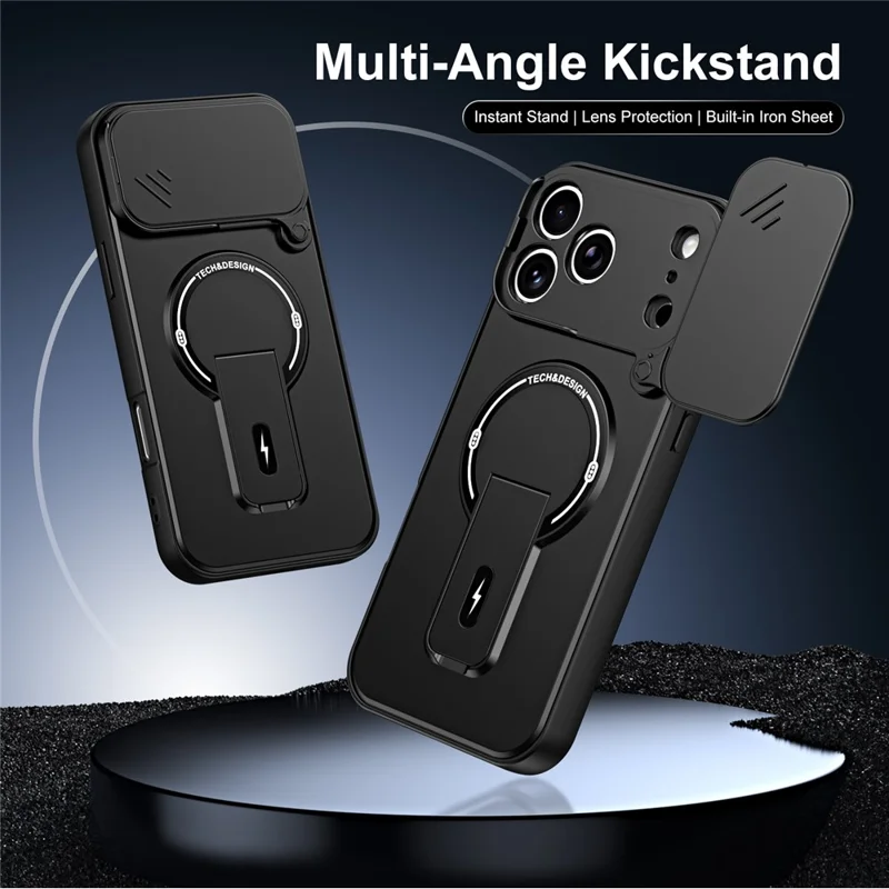 For iPhone 18 Pro Max  /  17 Pro Max Case with Slide Camera Cover Kickstand Shockproof PC + TPU Matte Finish Phone Shell - Black