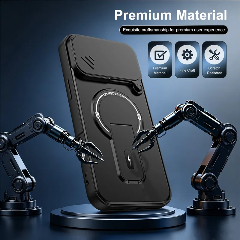 For iPhone 18 Pro Max  /  17 Pro Max Case with Slide Camera Cover Kickstand Shockproof PC + TPU Matte Finish Phone Shell - Black
