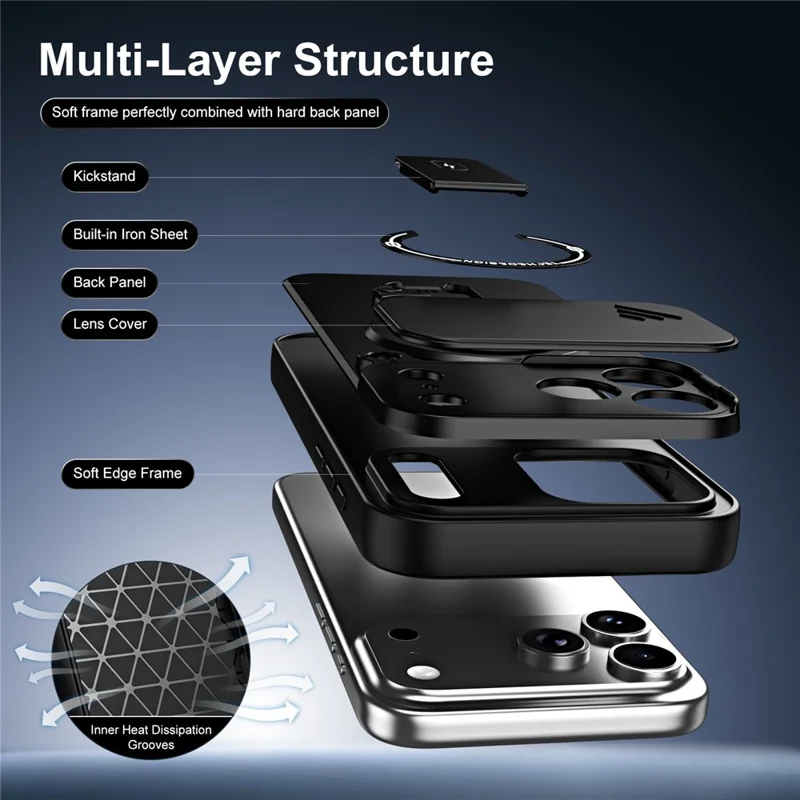 For iPhone 18 Pro Max  /  17 Pro Max Case with Slide Camera Cover Kickstand Shockproof PC + TPU Matte Finish Phone Shell - Black