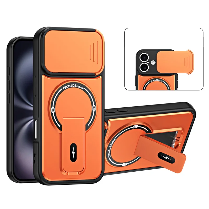 Telefoonhoesje voor iPhone 16 met schuifbare camerabehuizing, standaard, stootvaste PC + TPU matte afwerking - Oranje