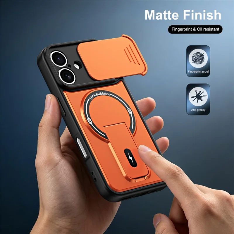Telefoonhoesje voor iPhone 16 met schuifbare camerabehuizing, standaard, stootvaste PC + TPU matte afwerking - Oranje