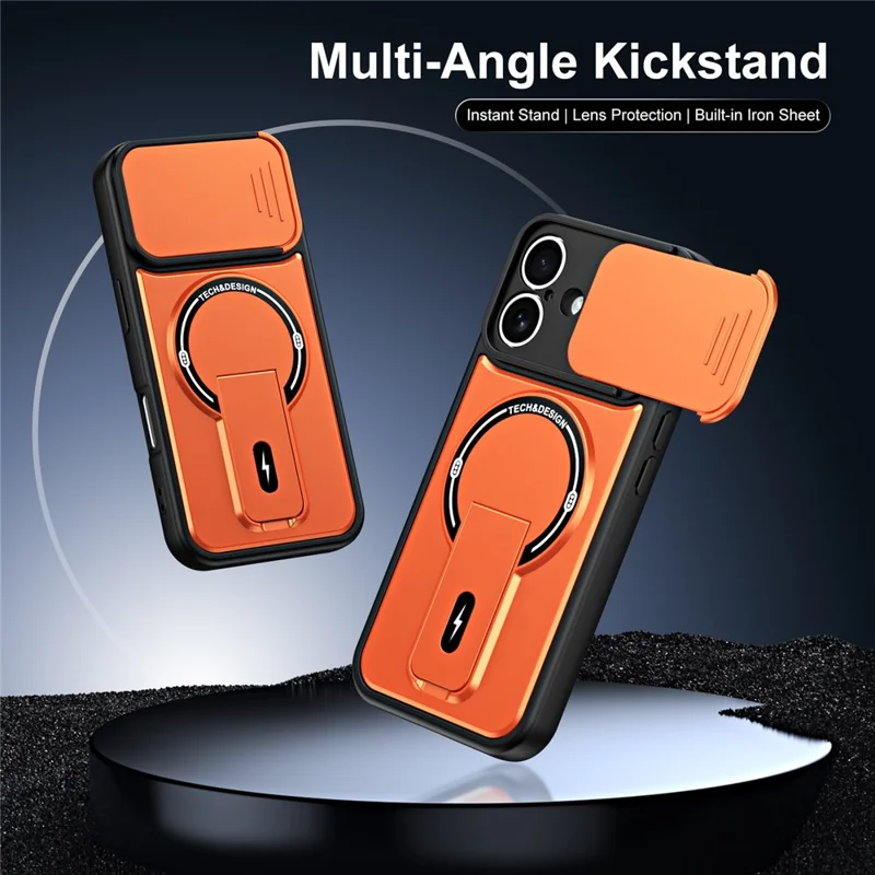 Telefoonhoesje voor iPhone 16 met schuifbare camerabehuizing, standaard, stootvaste PC + TPU matte afwerking - Oranje